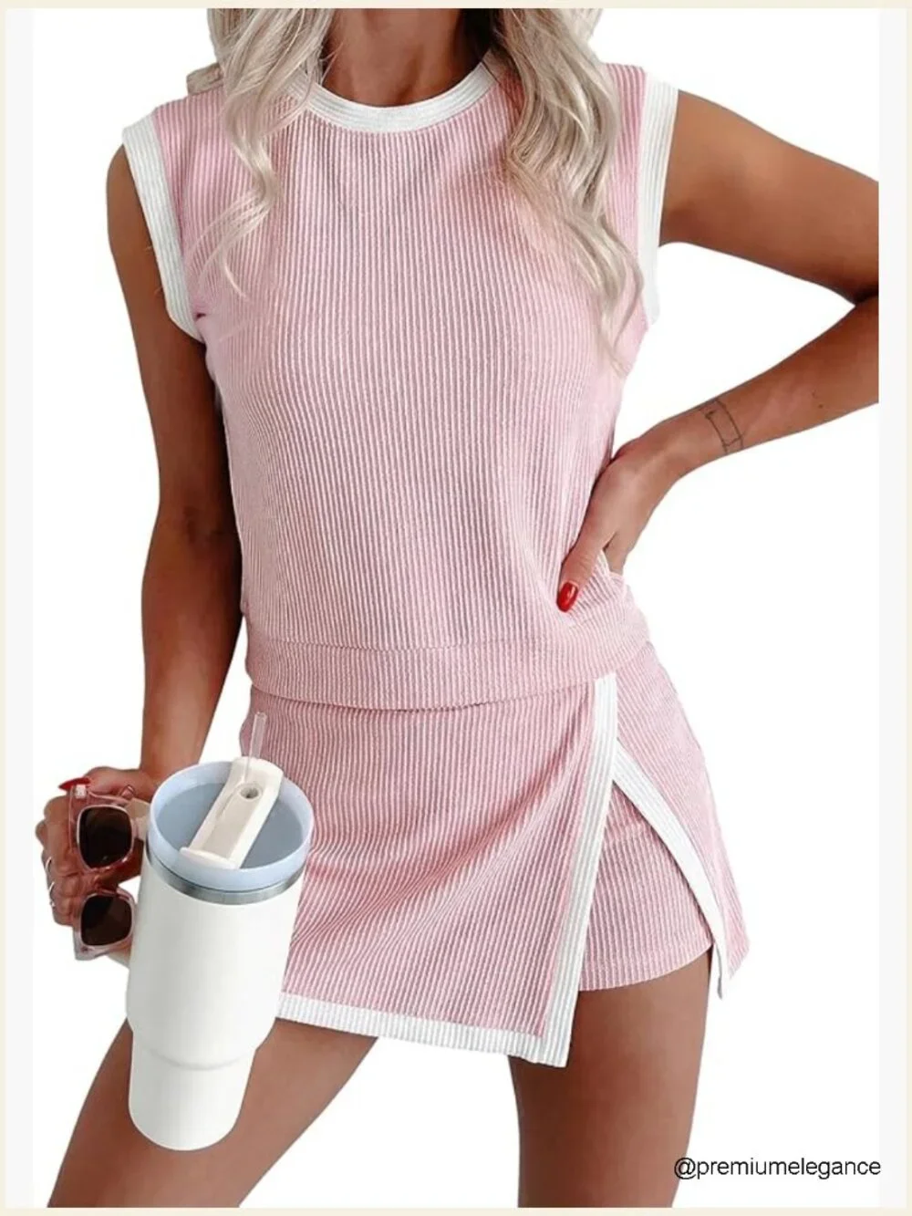Women's Ribbed Knit 2 Piece Set - Tank Top & Split Skirt, Lounge Matching Set